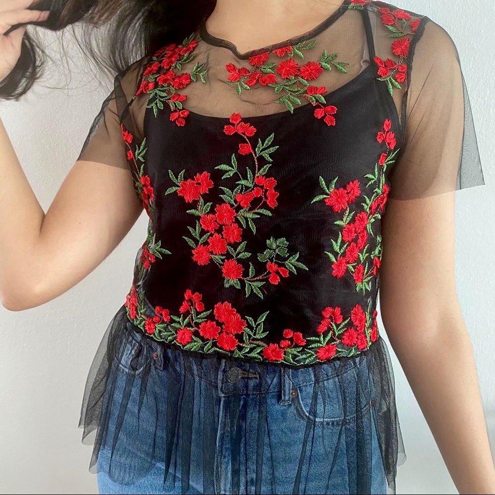 Tulle top with floral embroidery